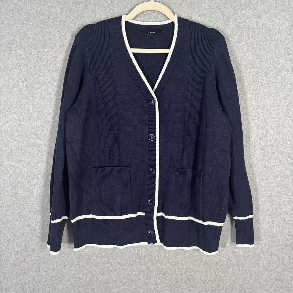 Navy Blue Cardigan Sweater Large Pocket Soft Nautical Classic Old Money‎ Preppy